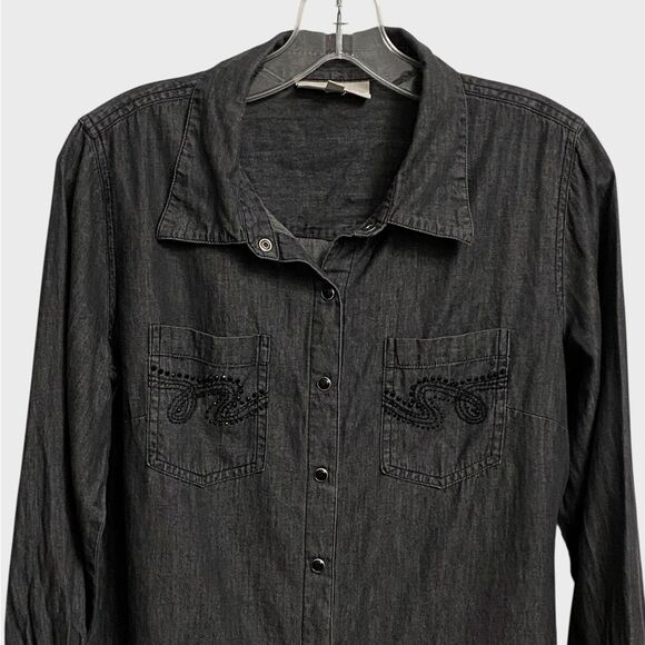 DG2 by Diane Gilman Embellished Snap Front Shirt Women's Size S Grey Chambray - Picture 2 of 13